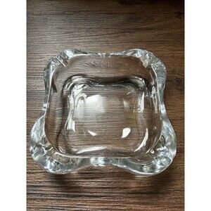 Vintage Mid Century Modern Art Glass HEAVY Retro Ashtray 6” Clear Curved Square